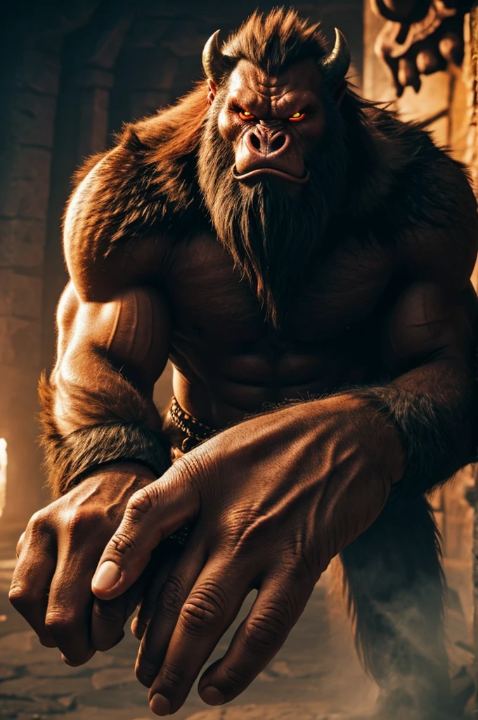 1 furry, a massive mature Afroamerican man minotaur hybrid, (very wide dorsal muscles, short hair, masculine, very detailed skin, pecs, human eyes, brown eyes, squatting:1.23), huge, male, (photorrealistic rendering, Afroamerican minotaur with massive hooves, detailed humanoid bovine face, big bovine nose, piercings, nose ring, sweaty skin:1.4), solo, (photographic masterpiece, muscular minotaur, hyper muscular:1.6), (very detailed muscles, hyper muscles, abs, focus on face, focus on muzzle:1.58), (long uncut penis, flaccid, limp penis, testicles:1.52), (hyperrealistic Afroamerican man skin, very oversized thighs, bodyhair, hairy armpits, thick lips, Afroamerican genetics, photorrealistic lighting, looking at viewer, waiting for a kiss, in love with viewer:1.46), (outside a barn, cinematic:1.2)
