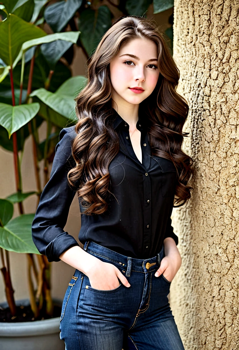 ((no hat:1.2)_Thick wavy long hair that goes down to the hips, Full body view of a fascinating 17-year-old woman)), ( perfect body_moderately large breasts, A thin waist, wide pelvis, Beautiful long-haired ), ( very beautiful little face_detailed eyes nose mouth ), pale skin, Gorgeous black blouse and denim pants, High heels, elegant portrait, 8k stock photos, high resolution, Delicate depictions,