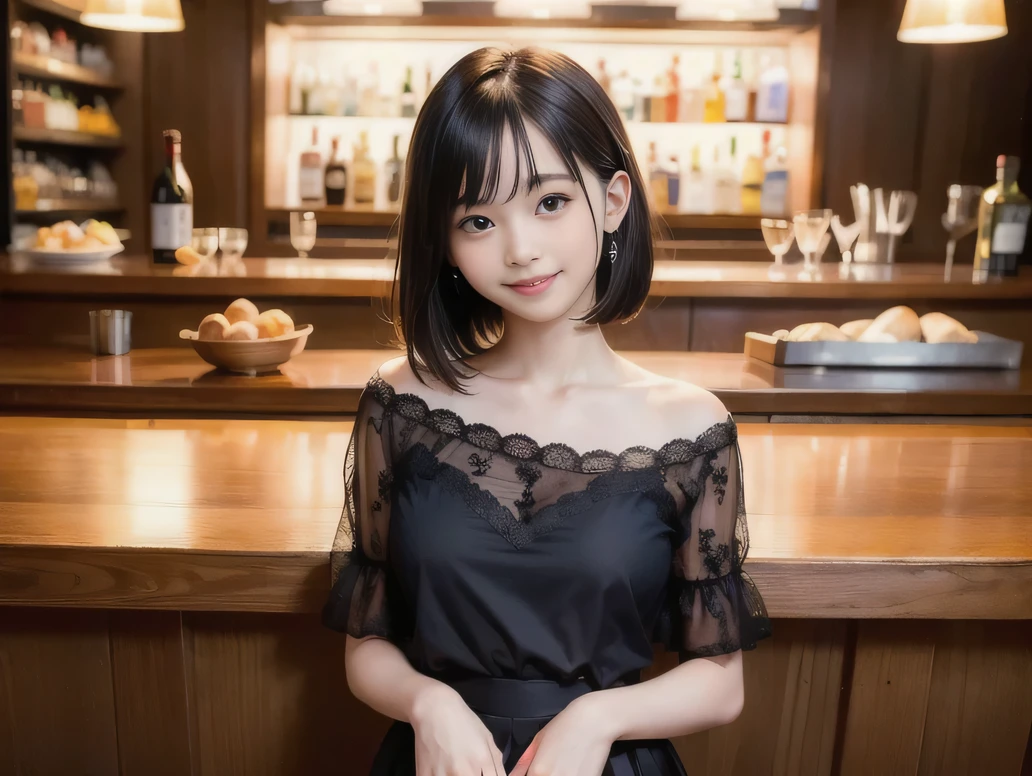 (Highest quality, masterpiece, Ultra-high resolution, 8K, RAW Photos, Realistic, Anatomically correct:1.5)、20-year-old girl:1.2, Embarrassing, blush:1.0, View Viewer, ((bar)) 、Night view、 Light:1.2,  Cinema Lighting:1.0, Depth of written boundary, sharp、 Cute face、Idol、Black short sleeve lace top、Black pleated skirt、Black clothing、”dwarf”、(Floral clothes)、Full Body Shot、Cowboy Shot、(( smile))、(Ultra short hair、Straight Hair)、(Straight bangs)、((One woman))、