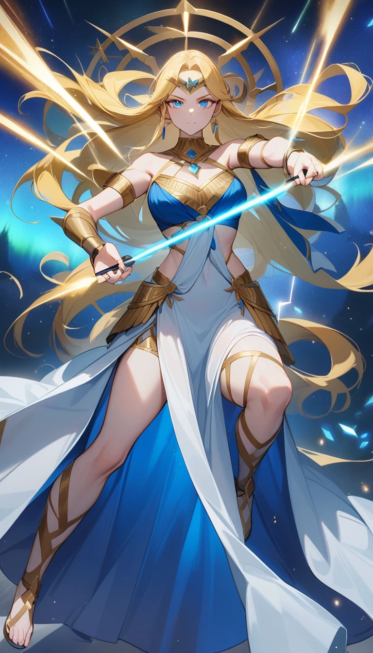 (Huang Li、high quality、Extremely detailed),Constellation-Sagittarius Goddess,Huge bow,Woman shooting arrows,Similar to Latin goodness,brave,capricious,Productivity,The face of enterprising and humanitarianism,Long yellow hair,Ancient Greek costumes、Wrap Dress,Conservative clothing,The background is the aurora,Crystal blue eyes(Eyes Details),Powerful appearance, Correct anatomy