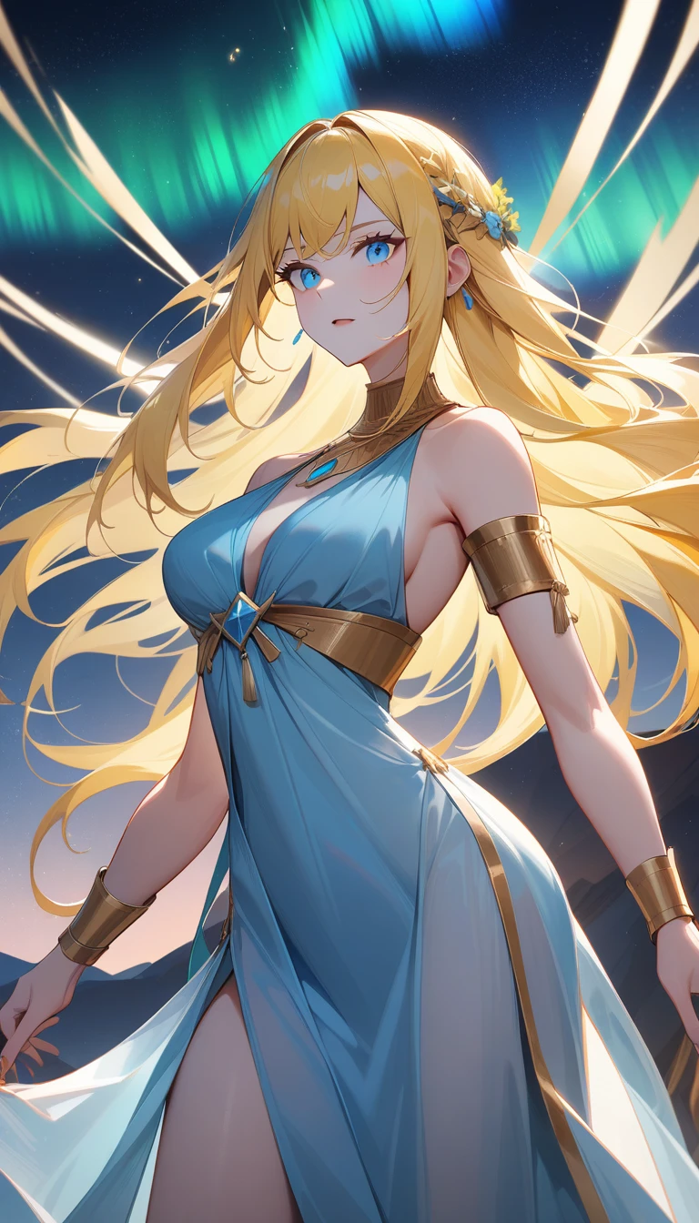 （Huang Li、high quality、Extremely detailed），Constellation-Sagittarius Goddess，Huge bow，Woman shooting arrows，Similar to Latin goodness，brave，capricious，Productivity，The face of enterprising and humanitarianism，Long yellow hair，Ancient Greek costumes、Wrap Dress，Conservative clothing，The background is the aurora，Crystal blue eyes（Eyes Details），Powerful appearance, Correct anatomy