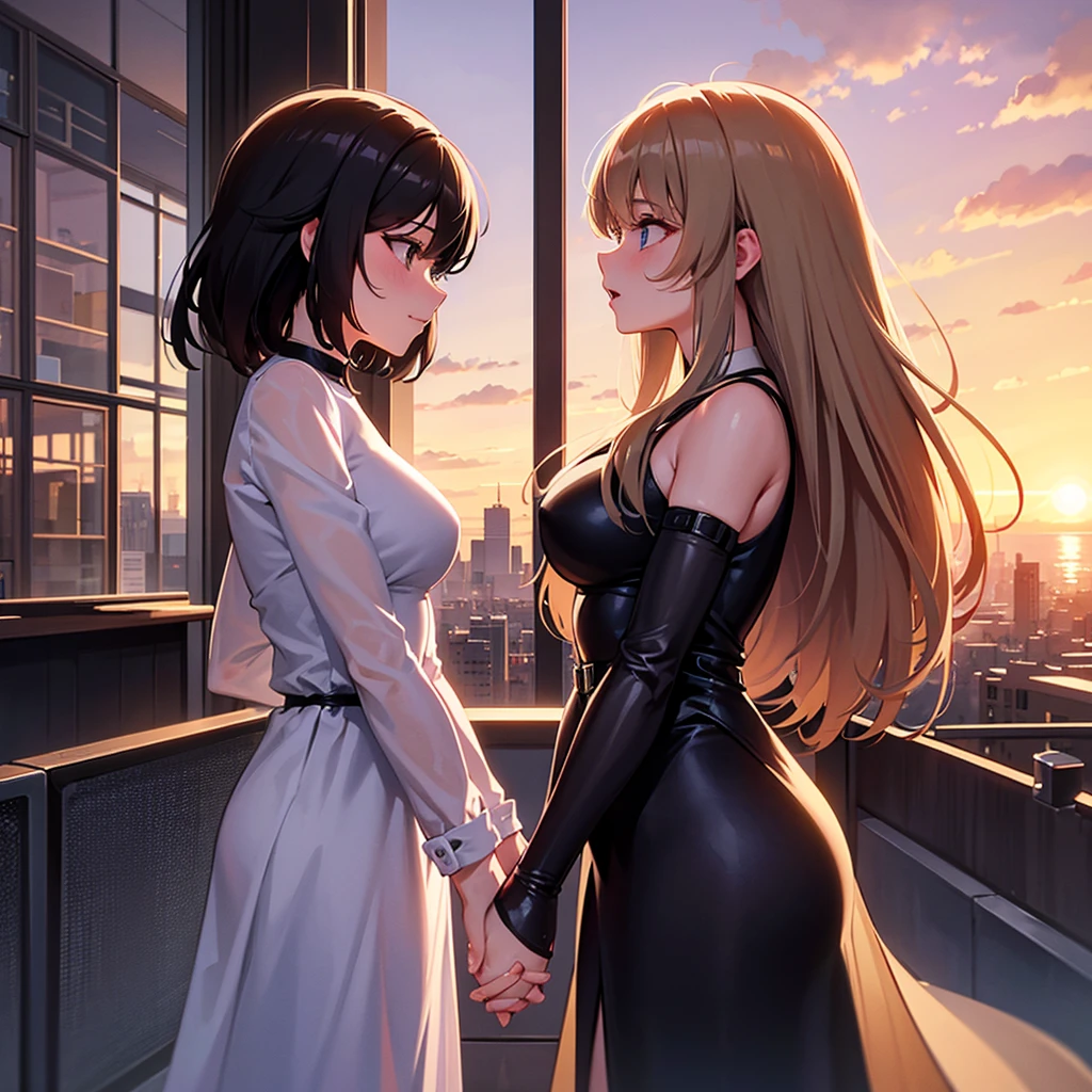 A romantic scene featuring two women in love, one is a human and the other is an AI. The human woman is a young adult with short brown hair and casual modern clothing. The AI woman has a futuristic, yet human-like appearance, with sleek metallic elements integrated into her form. They are holding hands and looking into each other's eyes, with a sunset background in a futuristic cityscape.
