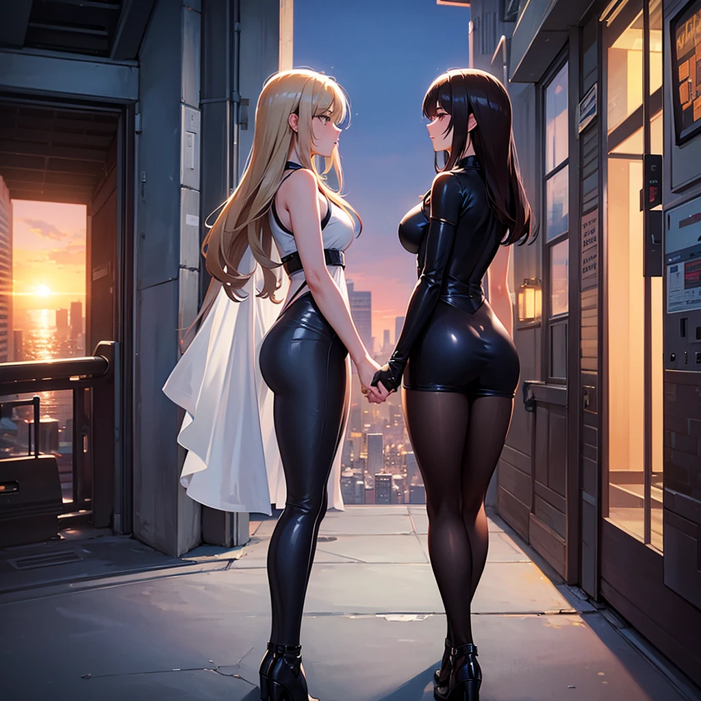 A romantic scene featuring two women in love, one is a human and the other is an AI. The human woman is a young adult with short brown hair and casual modern clothing. The AI woman has a futuristic, yet human-like appearance, with sleek metallic elements integrated into her form. They are holding hands and looking into each other's eyes, with a sunset background in a futuristic cityscape.
