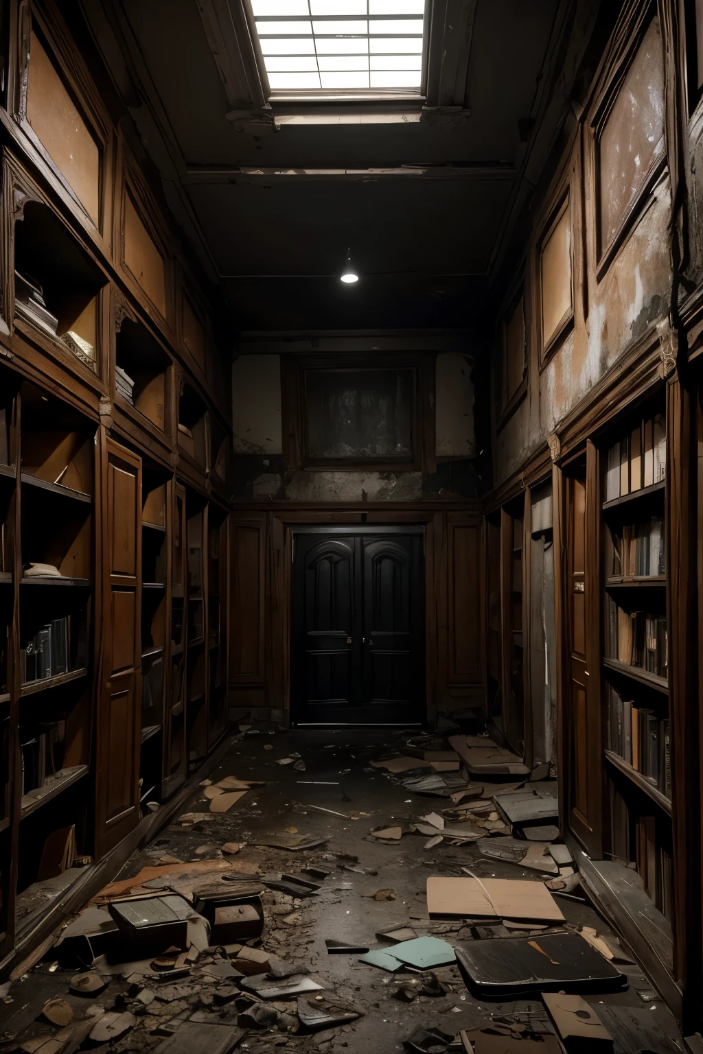 A decaying old hotel, moss-covered facade, dimly lit basement, shelves of forgotten books and items, gloomy and neglected atmosphere, urban landscape, cinematic lighting, dark shadows, moody tones, photorealistic, highly detailed, 8k, masterpiece