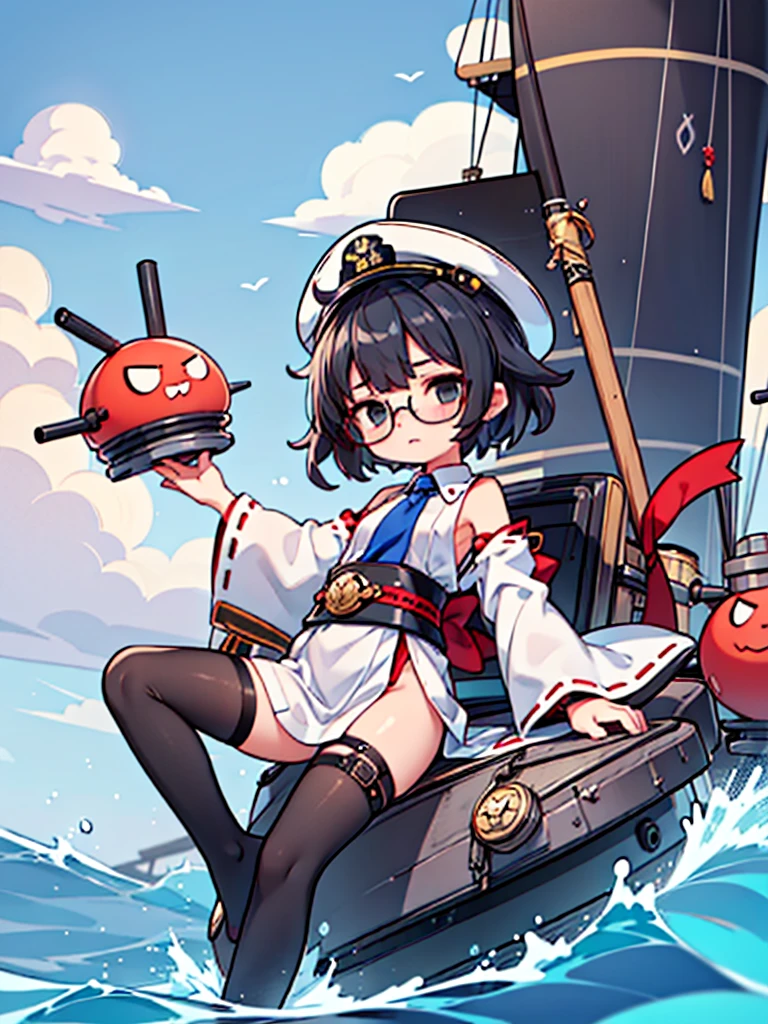 ((((Full body of a woman with perfect flat chest、solo、Short unkempt black hair、Tie your messy hair at the nape of your neck、white military jacket、Miko costume、tights、Black glasses、White military cap、Cloudy black eyes、Sleepy expression)))), (((masterpiece))), (((Shipgirl))), ((Floating on the morning sea with both feet)), (Spread your legs wide open), (Hold the turret with your right hand), (Mechanical arms extending from the waist are used to equip the ship with battleship equipment.), (Equipped with a turret on the back), (Holds the turret with his left arm), Shotgun shells are attached to the thigh with a belt, Spreading the Machine&#39;s Wings, Machine tail,  shotgun, 