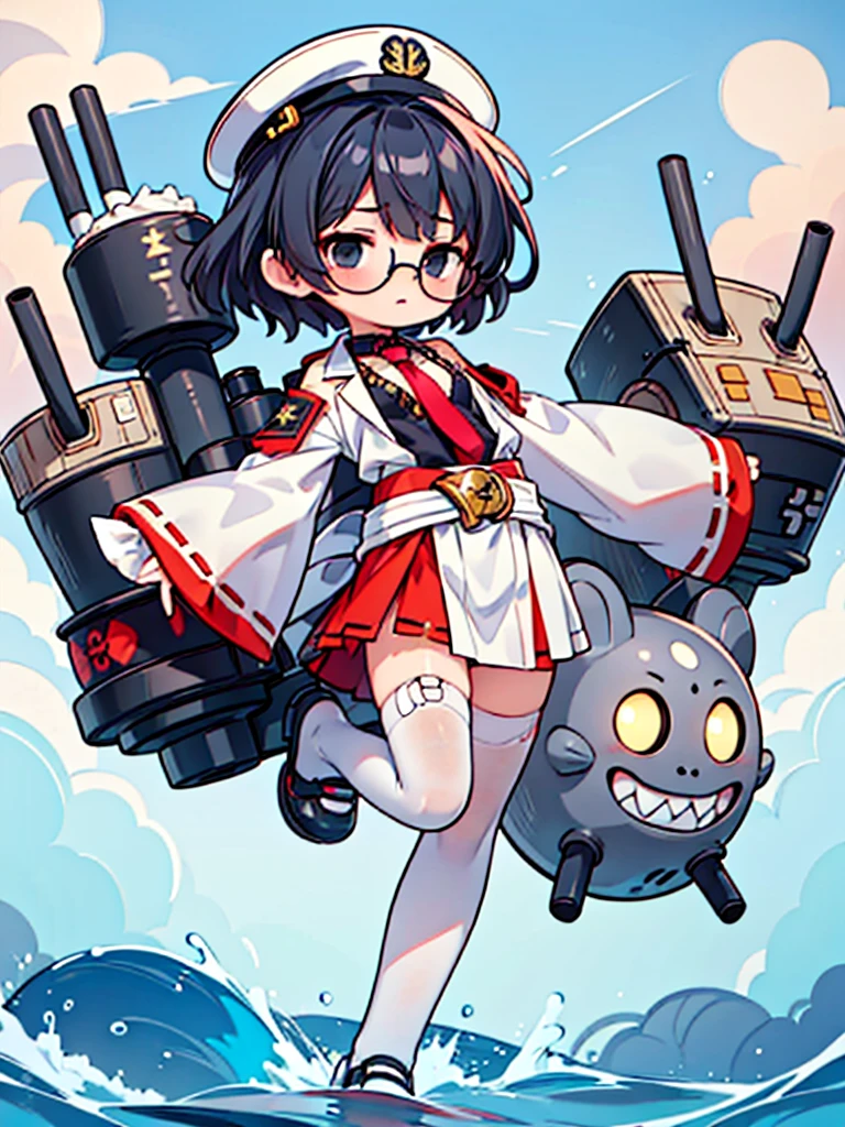 ((((Full body of a woman with perfect flat chest、solo、Short unkempt black hair、Tie your messy hair at the nape of your neck、white military jacket、Miko costume、tights、Black glasses、White military cap、Cloudy black eyes、Sleepy expression)))), (((masterpiece))), (((Shipgirl))), ((Floating on the morning sea with both feet)), (Spread your legs wide open), (Hold the turret with your right hand), (Mechanical arms extending from the waist are used to equip the ship with battleship equipment.), (Equipped with a turret on the back), (Holds the turret with his left arm), Shotgun shells are attached to the thigh with a belt, Spreading the Machine's Wings, Machine tail, shotgun,