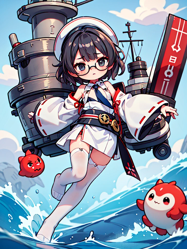 ((((Full body of a woman with perfect flat chest、solo、Short unkempt black hair、Tie your messy hair at the nape of your neck、white military jacket、Miko costume、tights、Black glasses、White military cap、Cloudy black eyes、Sleepy expression)))), (((masterpiece))), (((Shipgirl))), ((Floating on the morning sea with both feet)), (Spread your legs wide open), (Hold the turret with your right hand), (Mechanical arms extending from the waist are used to equip the ship with battleship equipment.), (Equipped with a turret on the back), (Holds the turret with his left arm), Shotgun shells are attached to the thigh with a belt, Spreading the Machine&#39;s Wings, Machine tail,  shotgun, 