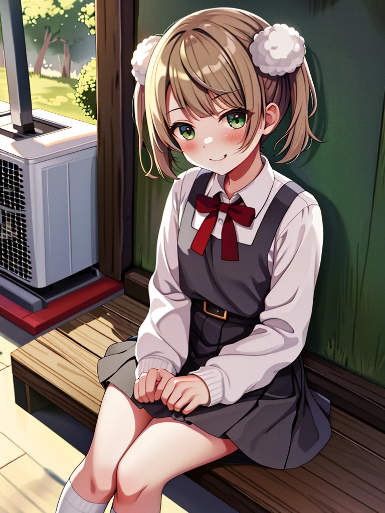 masterpiece, Highest quality, High resolution, 5age, Lori, Chibi, One girl, alone, Green Eyes, Pom-pom \(Clothes\), Apron dress, White shirt, White socks,Jumper skirt、 Long sleeve, Dilapidated, short hair, belt, Red bow tie, bangs, 青いClothes, Collared shirt, Cowboy Shot, orgasm,blush, Put a condom in your mouth, Sweat, White panties, Pull up your skirt with your hands, Sit on top of an air conditioner outdoor unit, A defiant smile、
