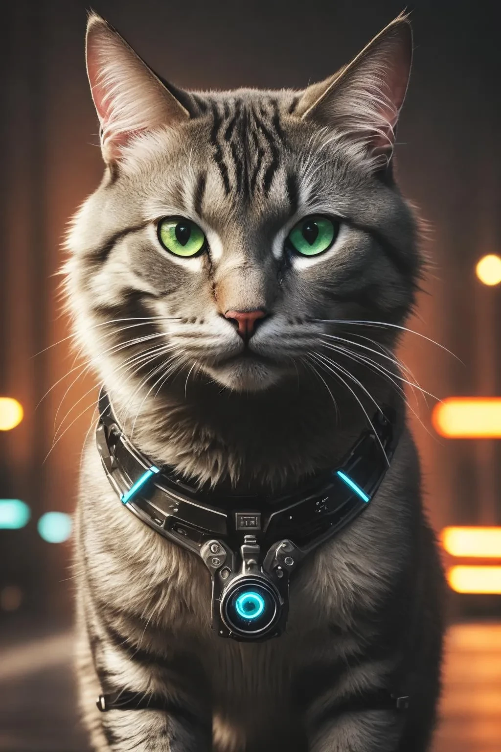 There is a cat that is sitting on the floor with a collar around its neck, cyberpunk cat, Gato cyborg, a Gato cyborg, gatito cyborg, awesome cat, vacuum cat, Cybercat, cat with laser eyes, Highly detailed 4k digital art, 4k realistic digital art, 4k realistic digital art, very bright eyes, gato robot