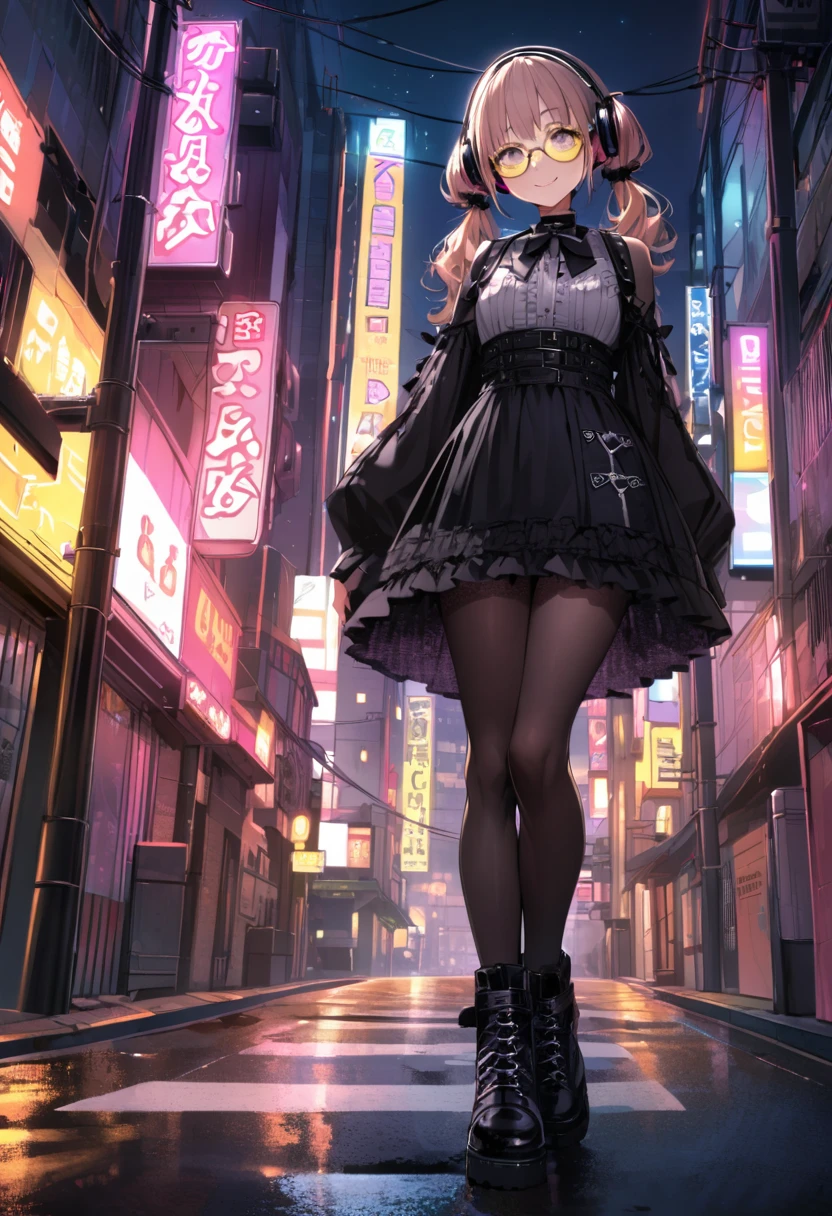 extremely detailed fine touch, 2D, girl, solo, very short black twintails hair, (((yellow underrim glasses:1.3))), (headphones:1.2), blush, smile, standing on the road, from below, perfect anatomy, in the urban area, tokyo (city), at night, neon lights on the background, eyelashes, wearing the jirai-kei pink fashion, black leggings, black boots, high-detailed skin,jirai kei, black skirt,