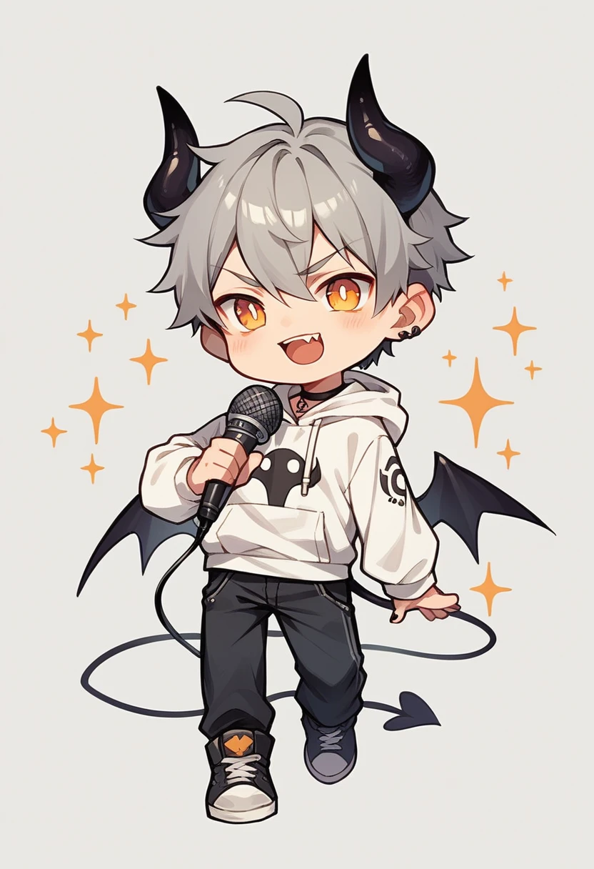 chibi drawing, Boy, white, with gray hair, wearing a white hoodie and black demon horns, with a microphone in hand