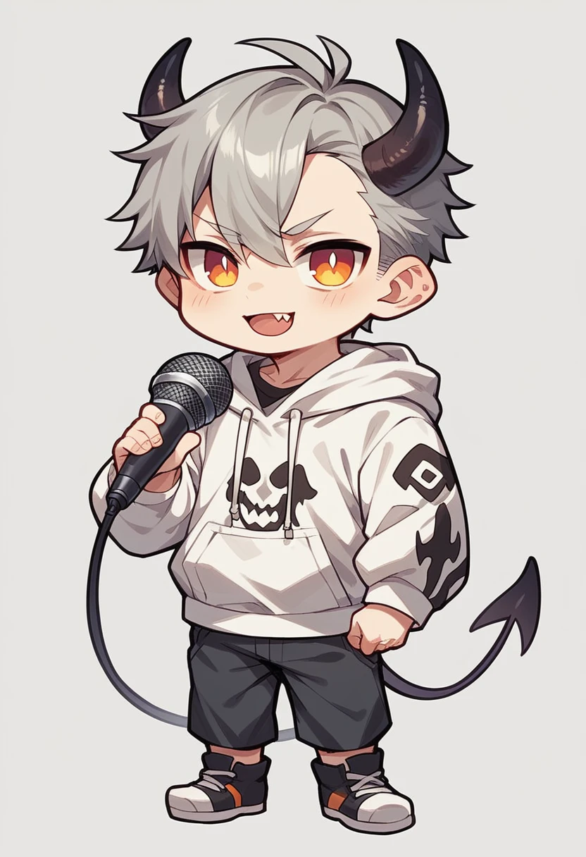 chibi drawing, Boy, white, with gray hair, wearing a white hoodie and black demon horns, with a microphone in hand