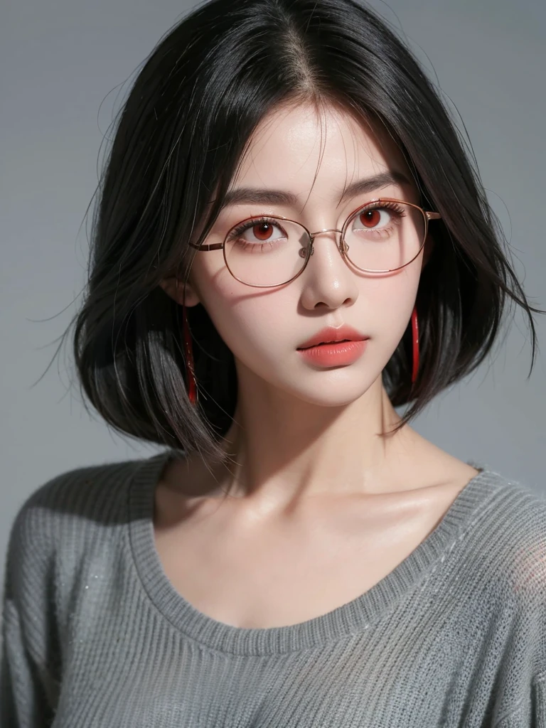 ((Idle level girl)), Masterpiece, highest image quality, Super detailed, (Perfect body:1.3), (perfect face+Glasses+messy hair+ gray bob hair+red eyes), closure, viewer's perspective, she bent down,Catching the audience's attention。Detailed hair,bright smile、Delicate blue eyes(lifelike eyes),professional lighting,