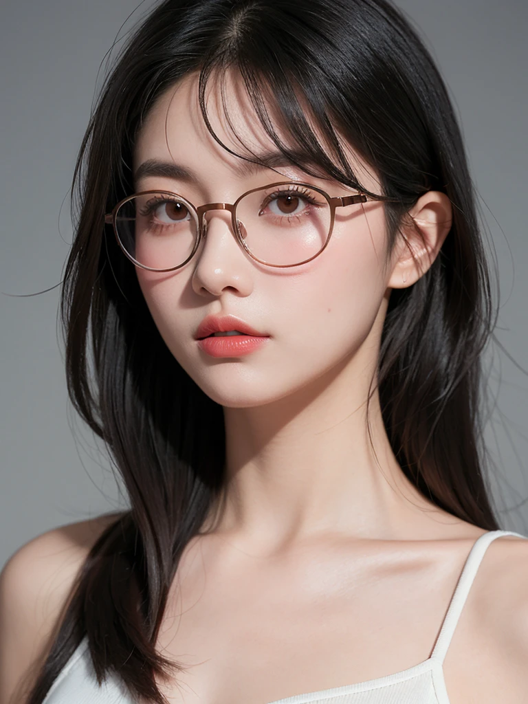 ((Idle level girl)), Masterpiece, highest image quality, Super detailed, (Perfect body:1.3), (perfect face+Glasses+messy hair+ gray bob hair+red eyes), closure, viewer's perspective, she bent down,Catching the audience's attention。Detailed hair,bright smile、Delicate blue eyes(lifelike eyes),professional lighting,