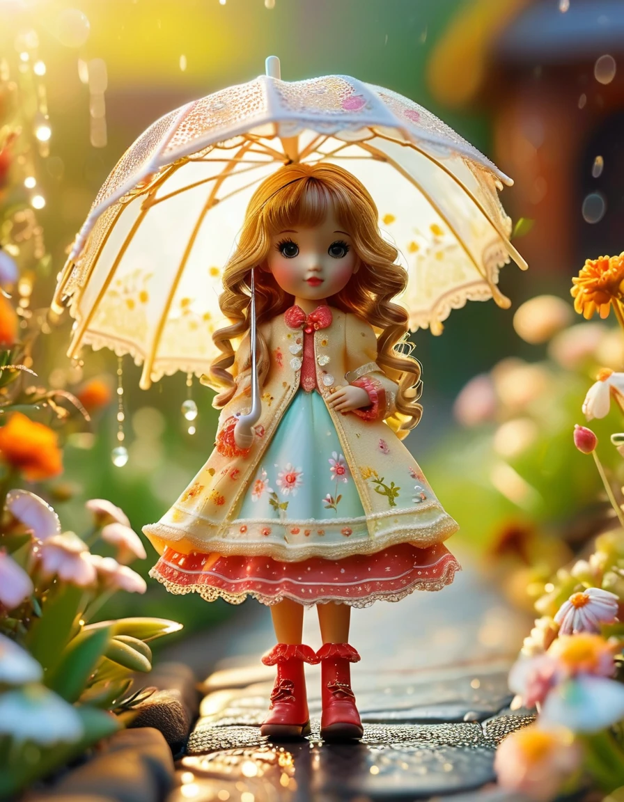 A beautifully detailed miniature scene of a young girl holding an umbrella. The girl, no taller than a teacup, is dressed in a charming, pastel-colored dress with intricate lace details and tiny floral patterns. Her hair is styled in delicate, flowing curls, and she wears tiny boots. The umbrella she holds is a vibrant red with white polka dots, providing a whimsical contrast to her outfit. She stands on a cobblestone path surrounded by miniature plants and flowers, with droplets of water glistening like tiny jewels from a recent rain. The scene is set under the soft light of a sunrise, casting a warm, golden glow over everything, creating a magical and enchanting atmosphere. Highly detailed, vibrant colors, whimsical elements, enchanting ambiance, intricate design.
