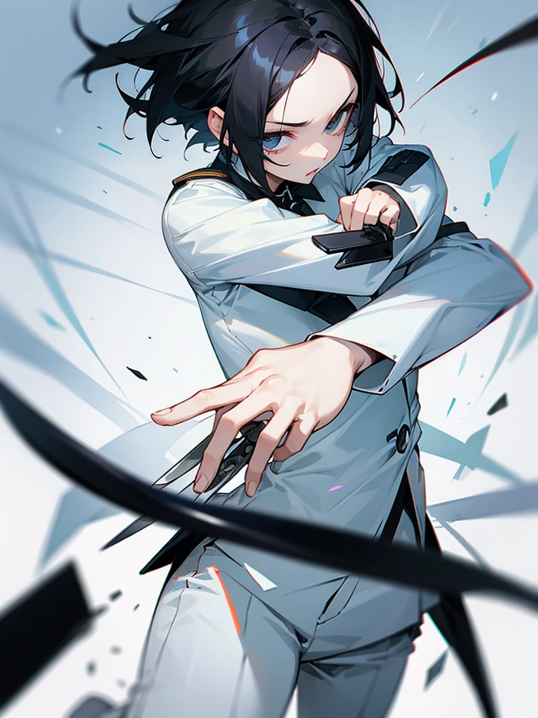 short hair、Black Hair、White Uniform、Black trousers、Forehead、knife