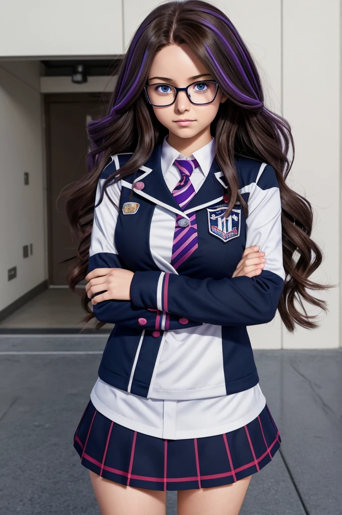 (Bnha style) girl with long wavy/curly hair, brown hair with navy blue/purple highlights. Blue eyes with glasses. mha anime style. medium boobs girl. UA uniform. UA background. My hero academia art stlye. Boku no hero academia art style.