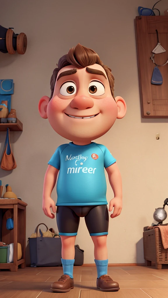 naughty man, Youngh,  very lazy, without hair,  plumpness, cyclist clothing, medium height, Pixar-style, 4K