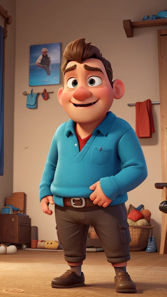 naughty man, Youngh, very lazy, without hair, plumpness, cyclist clothing, medium height, Pixar-style, 4K