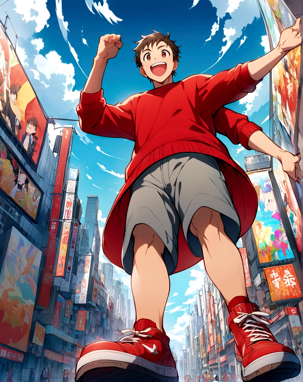 Create an anime-style illustration of a cheerful young man in a bustling cityscape. The perspective should be from a low angle, making the subject appear towering and dynamic. The man is wearing a bright red sweater, gray shorts, and red sneakers. He has a happy expression, with his arm raised in excitement. The background features tall buildings with billboards and advertisements, resembling a vibrant urban setting. The sky is clear with a few clouds, adding to the lively atmosphere.