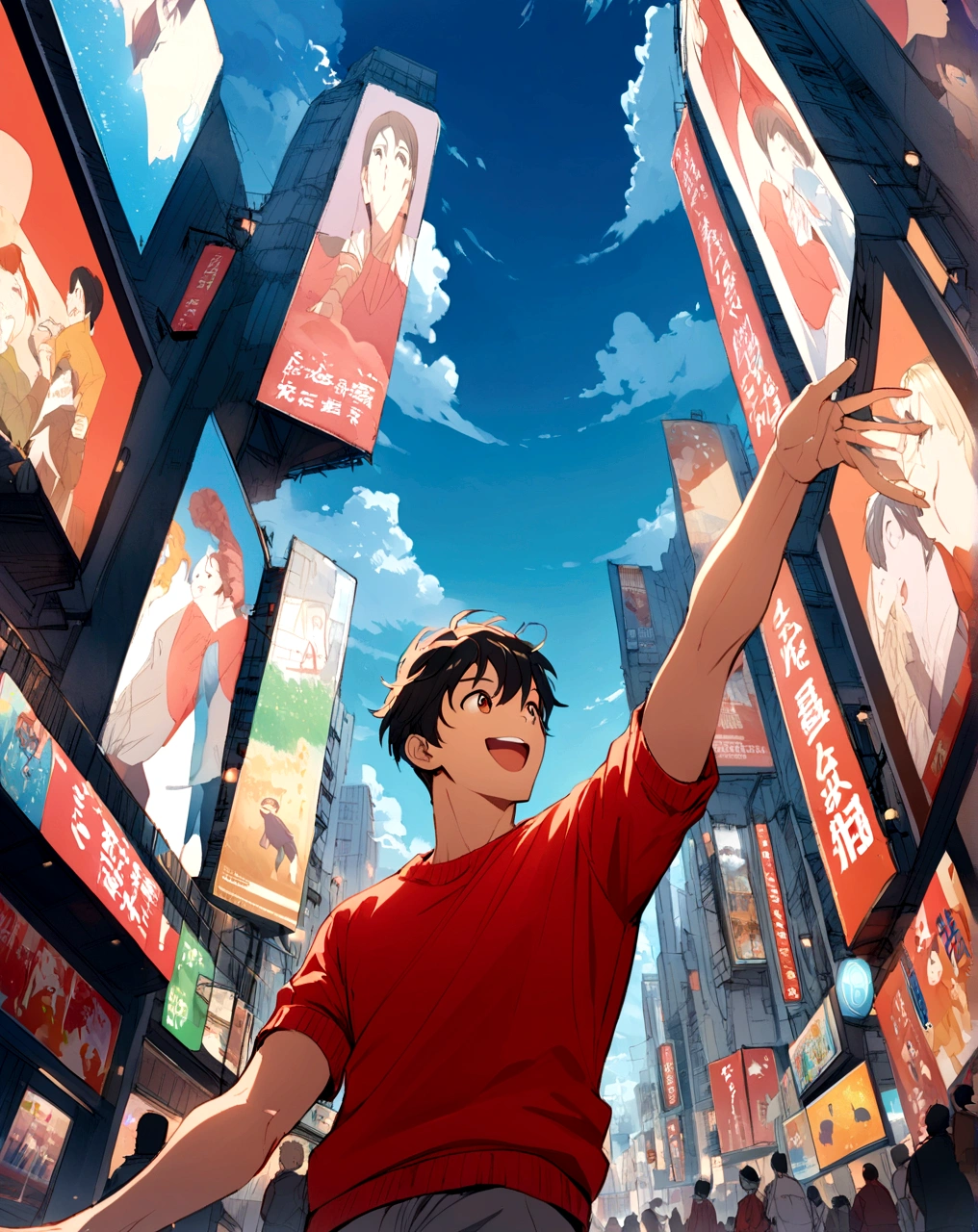 Create an anime-style illustration of a cheerful young man in a bustling cityscape. The perspective should be from a low angle, making the subject appear towering and dynamic. The man is wearing a bright red sweater, gray shorts, and red sneakers. He has a happy expression, with his arm raised in excitement. The background features tall buildings with billboards and advertisements, resembling a vibrant urban setting. The sky is clear with a few clouds, adding to the lively atmosphere.