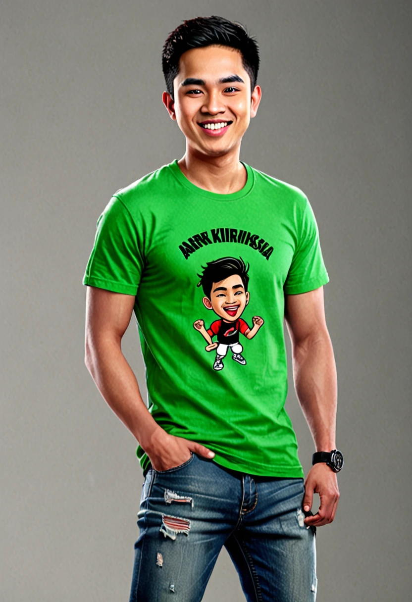 Create a realistic 3D caricature drawing of a full body with a large head. 20 year old male, Indonesian citizen. Random short hair. Oval face shape, firm facial expression, arched eyebrows. Sharp eyes, laughing mouth. Wearing a green t-shirt with thick black embroidery on the edge of the shirt, Owner's logo on the left chest. Worn and torn jeans. Head tilt to the left, tilt to the right. Look straight ahead. Wearing a red watch on his left hand. Wearing dark red Nike sneakers. Stand in Cross Arms pose. The background is a group of women with large breasts. use soft photographic lighting, hair lighting, lighting from above, from the side. High image quality.HD,16k.