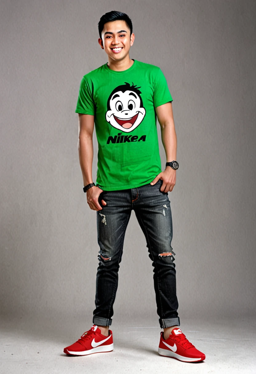 Create a realistic 3D caricature drawing of a full body with a large head. 20 year old male, Indonesian citizen. Random short hair. Oval face shape, firm facial expression, arched eyebrows. Sharp eyes, laughing mouth. Wearing a green t-shirt with thick black embroidery on the edge of the shirt, Owner's logo on the left chest. Worn and torn jeans. Head tilt to the left, tilt to the right. Look straight ahead. Wearing a red watch on his left hand. Wearing dark red Nike sneakers. Stand in Cross Arms pose. The background is a group of women with large breasts. use soft photographic lighting, hair lighting, lighting from above, from the side. High image quality.HD,16k.