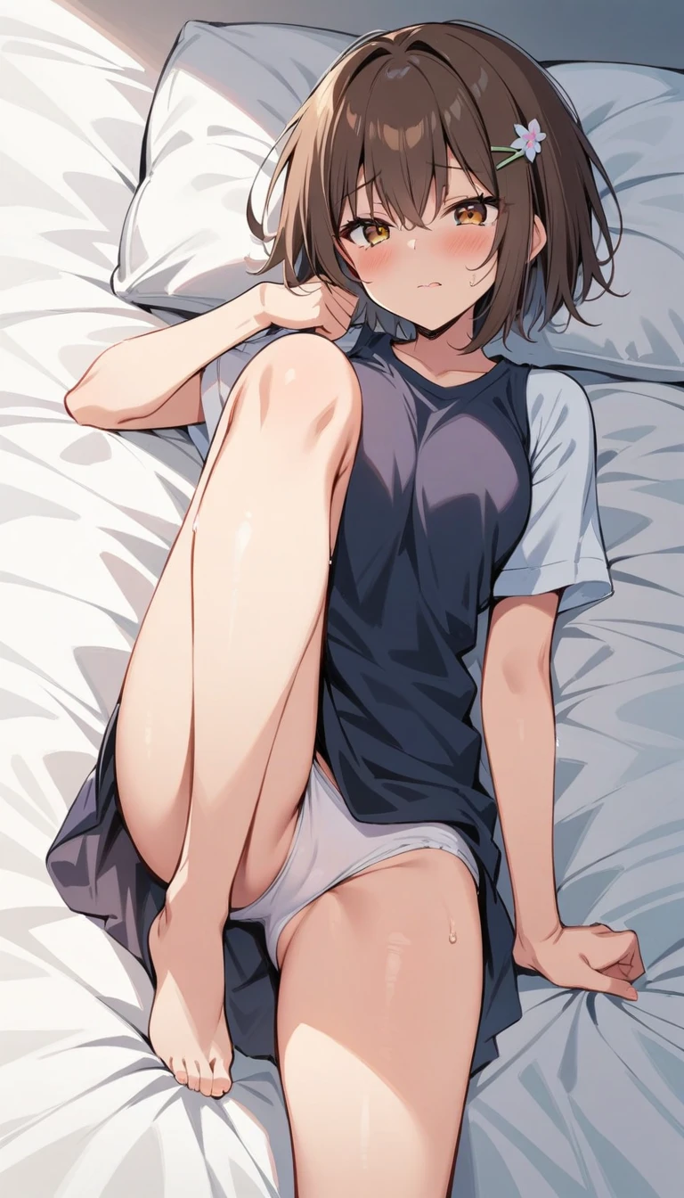 (Masterpiece, Best Quality:1.2), 1 girl, Alone,standing_to divide, Mikan Yuuki, Brown eyes, Brown hair, short hair, perverted face, hair ornament,wide, bed, lying down, legs open,