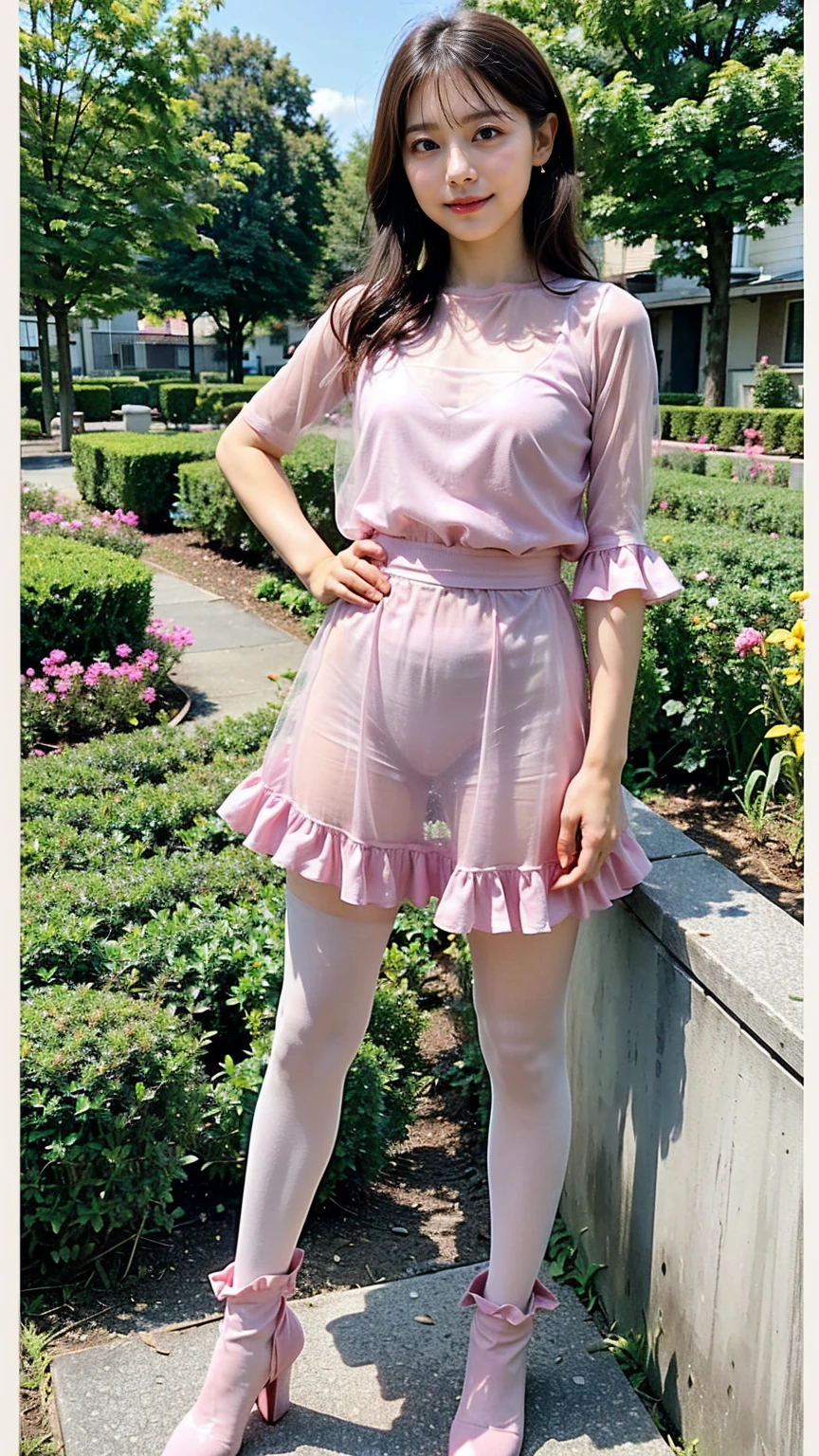 (8K、RAW Photos、Highest quality、masterpiece:1.2)、(Realistic、Realistic)、1 Girl、((Pink dress、Frills、See-through、tights、mini skirt、boots、Chest open、whole body、garden、View from the front、Looking into the camera、Stand with one hand on your hip))、
