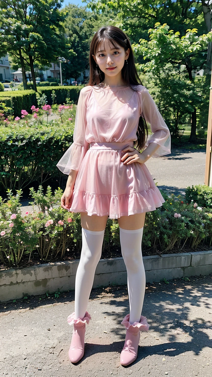 (8K、RAW Photos、Highest quality、masterpiece:1.2)、(Realistic、Realistic)、1 Girl、((Pink dress、Frills、See-through、tights、mini skirt、boots、Chest open、whole body、garden、View from the front、Looking into the camera、Stand with one hand on your hip))、