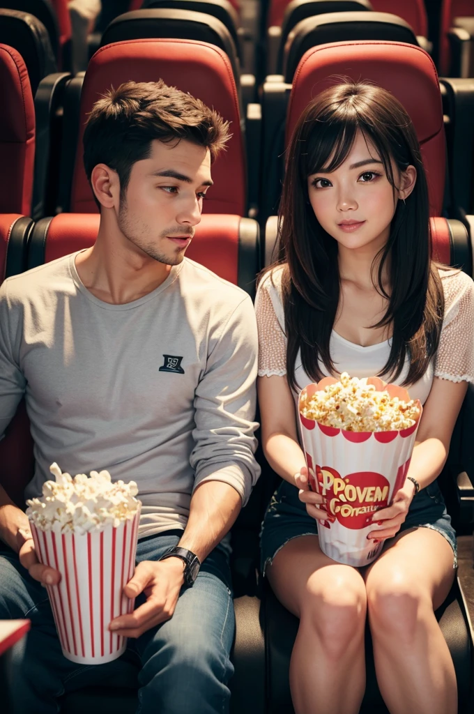 Couple eating popcorn at the cinema
