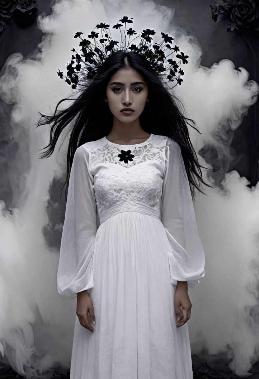 The girl from Guatemala, with its eternal ghostly beauty, all dressed in white with black flowers on her chest. In vaporous form the silhouette slowly disappears. like the dream of love.
