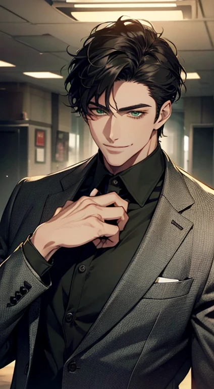 a mature handsome man with short black hair and green eyes, buttoning his jacket, smiling in love, cinematic lighting, photorealistic, 8K, masterpiece, best quality