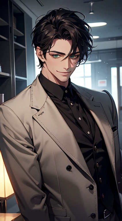 a mature handsome man with short black hair and green eyes, buttoning his jacket, smiling in love, cinematic lighting, photorealistic, 8K, masterpiece, best quality