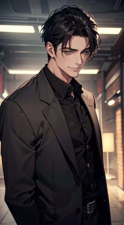 a mature handsome man with short black hair and green eyes, buttoning his jacket, smiling in love, cinematic lighting, photorealistic, 8K, masterpiece, best quality