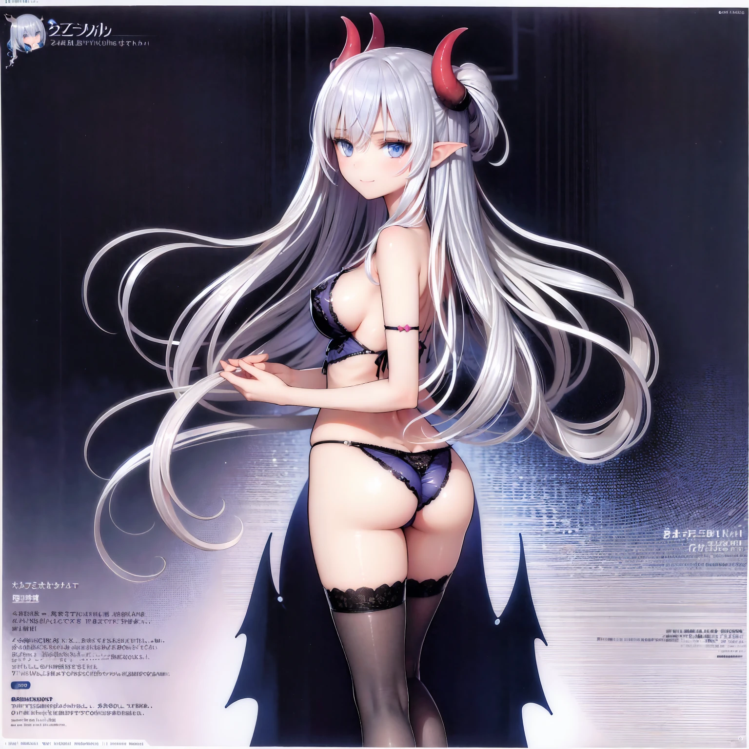 (((1 demon girl))), ((detailed blue eyes)), ((long silver hair)), large breasts, perfectly drawn body, seductive smile, lingerie, perfect butt, rear view, backside view, best quality, masterpiece, ultra-detailed
