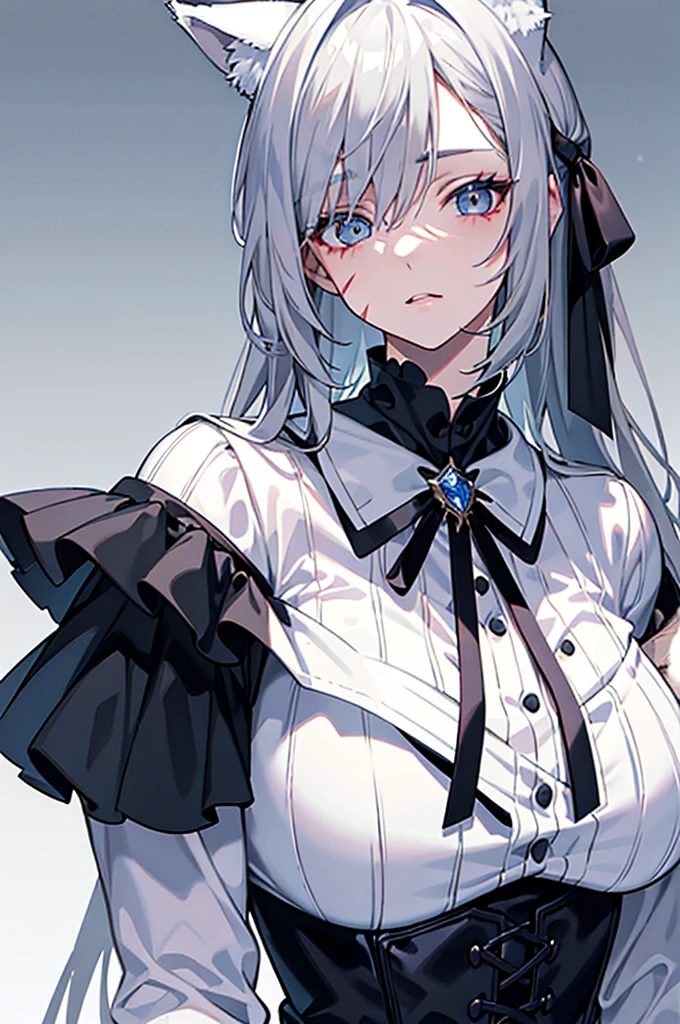 best qualtiy,tmasterpiece,The is very detailed,4K,Gray hair and shallow eyes,Drag cool expressions,Wolf ears,Erect scar on the left eye,British style,1girl,Absolutely beautiful, big bust, white costume, ear ribbon