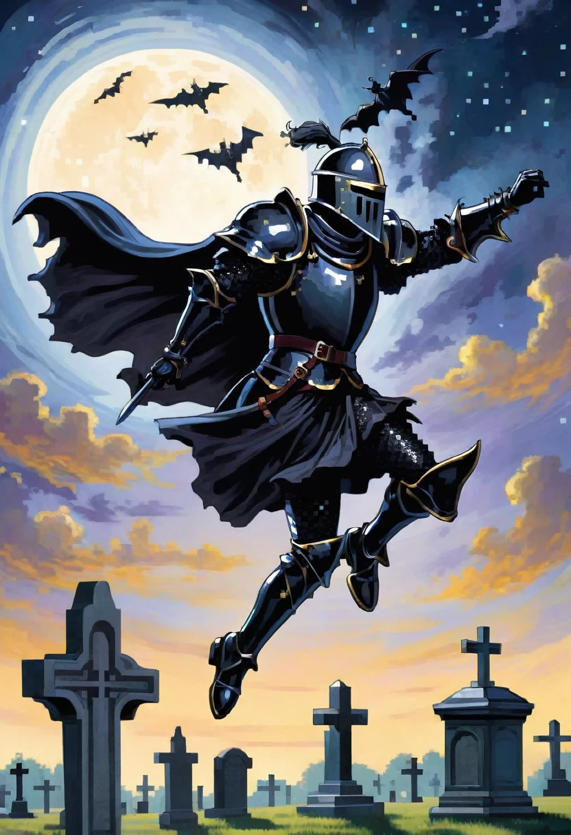 gothic black knight injured leaping towards viewer, leaping, Floating in mid-air, ascending to the Sky, to the night sky in a cemetery