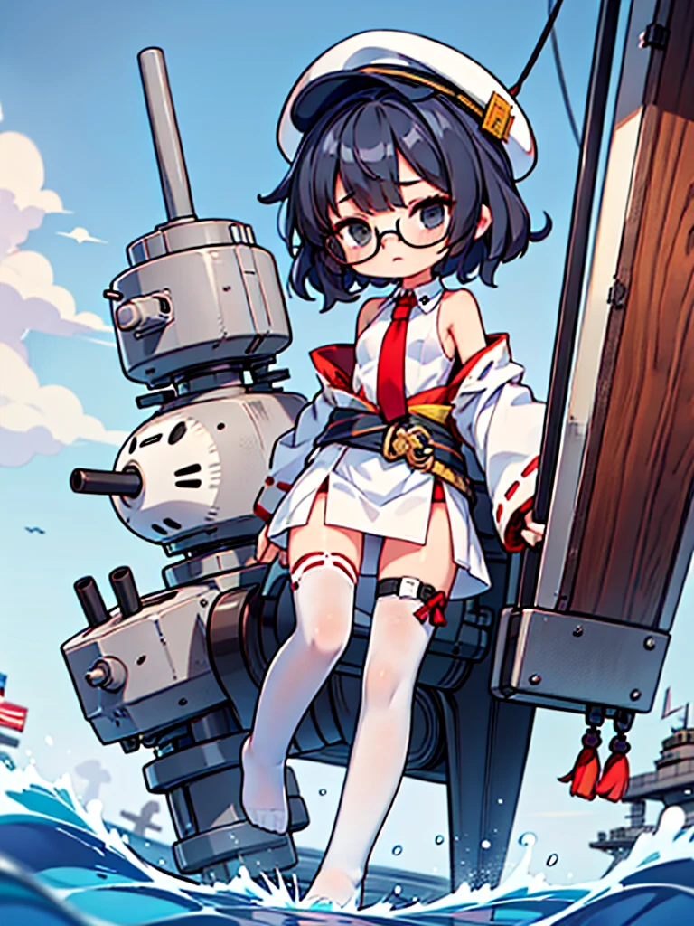 ((((Full body of a woman with perfect flat chest、solo、Short unkempt black hair、Tie your messy hair at the nape of your neck、white military jacket、Miko costume、tights、Black glasses、White military cap、Cloudy black eyes、Sleepy expression)))), (((masterpiece))), (((Shipgirl))), ((Floating on the morning sea with both feet)), (Spread your legs wide open), (Hold the turret with your right hand), (Mechanical arms extending from the waist are used to equip the ship with battleship equipment.), (Equipped with a turret on the back), (Holds the turret with his left arm), Shotgun shells are attached to the thigh with a belt, Spreading the Machine&#39;s Wings, Machine tail,  shotgun, 
