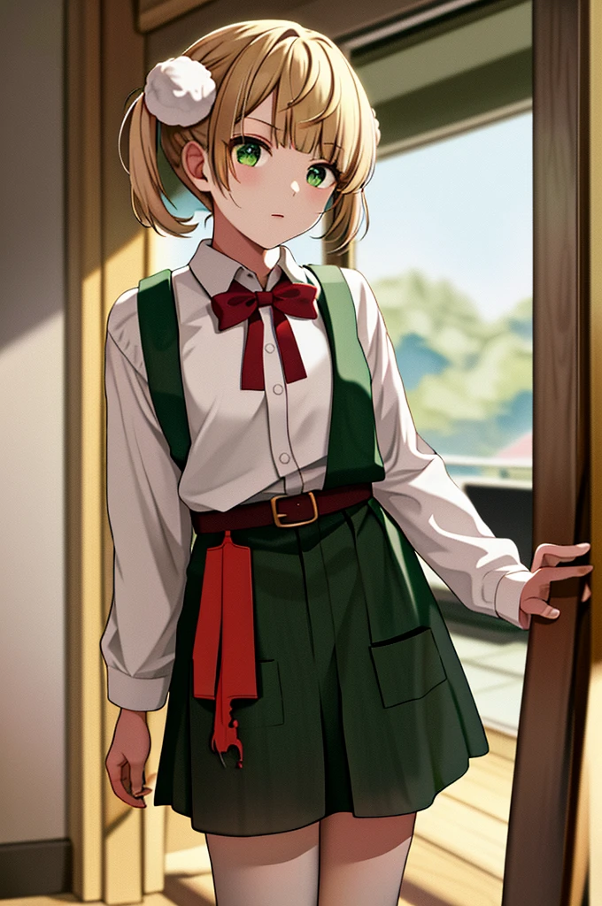 masterpiece, Highest quality, High resolution, ui3, One girl, alone, Green Eyes, Pom-pom \(Clothes\), Apron dress, White shirt, White socks, Long sleeve, Dilapidated, short hair, belt, Red bow tie, bangs, , 青いClothes, Collared shirt, Cowboy Shot,