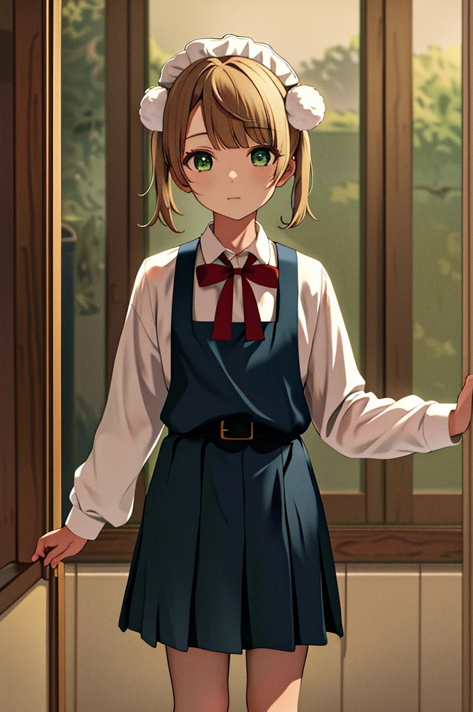 masterpiece, Highest quality, High resolution, ui3, One girl, alone, Green Eyes, Pom-pom \(Clothes\), Apron dress, White shirt, White socks, Long sleeve, Dilapidated, short hair, belt, Red bow tie, bangs, , 青いClothes, Collared shirt, Cowboy Shot,