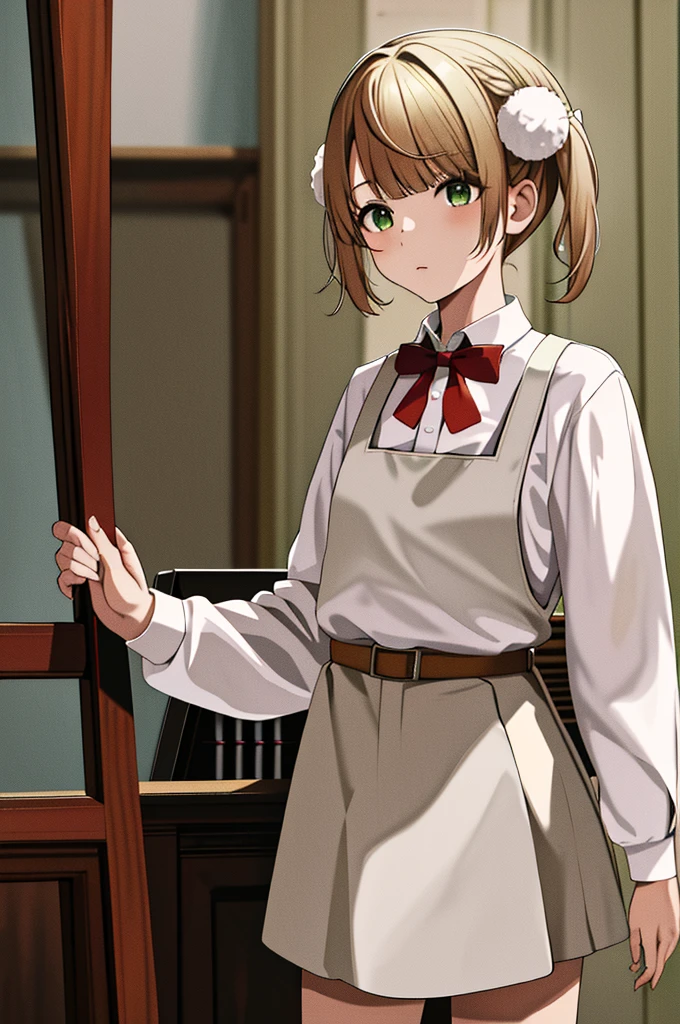 masterpiece, Highest quality, High resolution, ui3, One girl, alone, Green Eyes, Pom-pom \(Clothes\), Apron dress, White shirt, White socks, Long sleeve, Dilapidated, short hair, belt, Red bow tie, bangs, , 青いClothes, Collared shirt, Cowboy Shot,