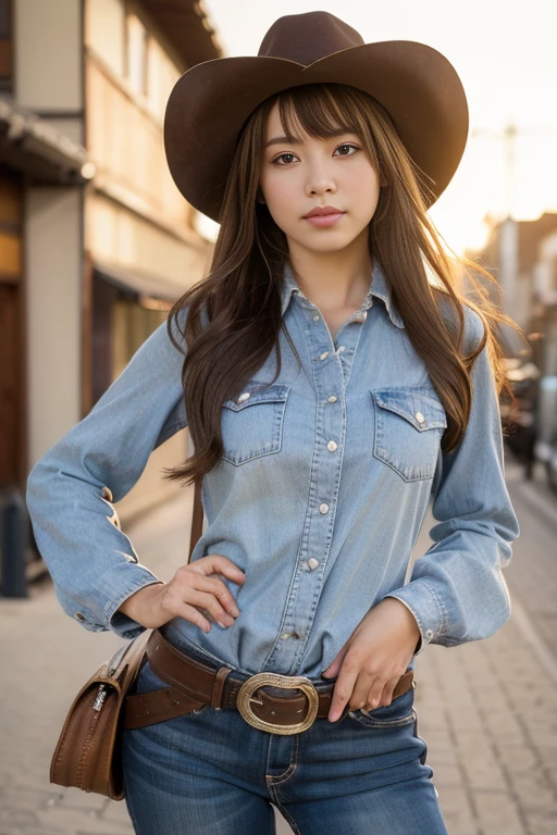 Revolver, hand gun with holster, Revolver, Her has a gun, Full-body ,standing pose, Western style, America, Cowboy Dressed as I, Cowboy style Wear,  cowboy-hat, (Billy the Kid clothes) ,looking viewer,  ((Japanese girl )),  ,(middle hair, brown hair, fringe),(middle breasts, slender whist, middle hip, public hair), (masterpiece, highest quality, Very detailed, Ultra-high resolution, (photopractical:1.4), Original photo, (practical:0.2) ,noon