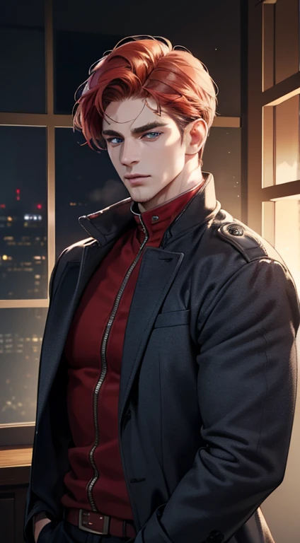 (best quality,8k,photorealistic,cinematic lighting,1:4 hdr image,ultra detailed,beautiful image),a mature man,34 years old,very handsome,cold expression,short red hair,blue eyes,perfect facial features,buttoning his jacket,CEO