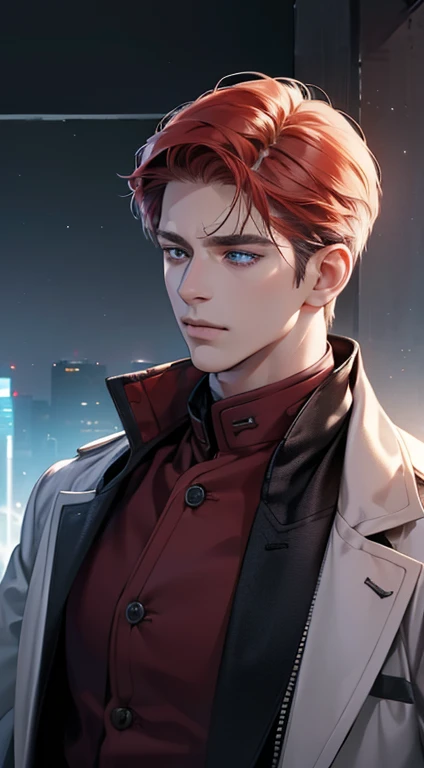 (best quality,8k,photorealistic,cinematic lighting,1:4 hdr image,ultra detailed,beautiful image),a mature man,34 years old,very handsome,cold expression,short red hair,blue eyes,perfect facial features,buttoning his jacket,CEO