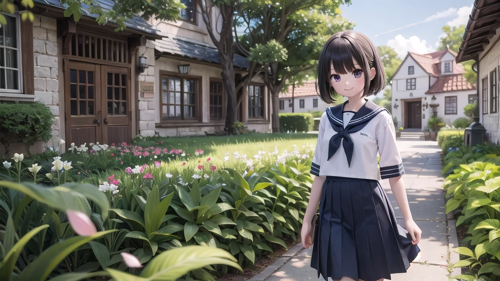 (masterpiece), town, blue sky, One Girl, smile, alone, Sailor suit、Long skirt, Overgrown, petal, plant、Skirt lining、Translucent slip、Nostalgic