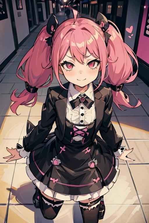 Young girl with pink hair, long twintail hairstyle, small bushy eyebrows, wearing gothic lolita clothes, lolicon (Zankuro) drawing style by zankuro artist, Zancrow style, image uploaded in R34, walking in the mall, flirty smile , suddenly having sex in public, ((doggy style sex)), ((public sex in a street)) naked ass in the male crotch, perfect anatomy, view from above