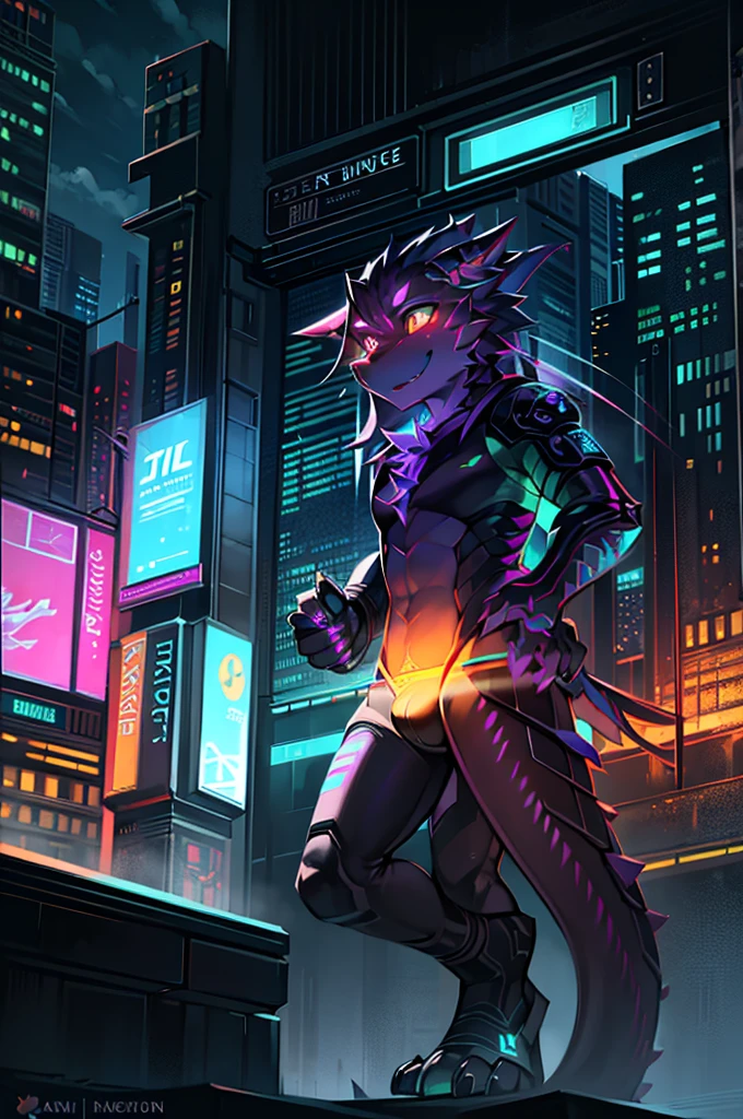 A mythical Kraken ninja stands poised in a neon-lit, dystopian metropolis, rendered in stunning 4K resolution, blending ancient legend with futuristic cyberpunk flair. The ninja's ornate, high-tech armor glows with a mesmerizing iridescent sheen, as intricate circuitry and glowing accents dance across the metallic surface. The dragon's scales shimmer in hues of indigo, violet, and electric blue, while neon accents pulse in fiery oranges and greens, casting an otherworldly glow across the surrounding urban landscape, exuding a sense of cutting-edge, cinematic grandeur.