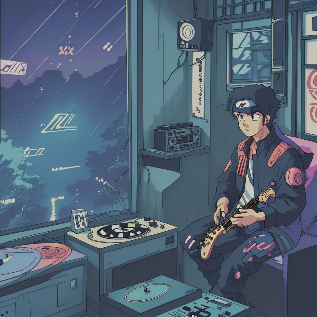Shot of Naruto sitting near his laptop, font is large (why you), Super detailed, Retro Wave, cyber punk, Sad mood, night light through the window, night vibes, room, 2D, (Long Shot), Wide Shot, (film noise), Old cartoons, (Lots of records:1.3), (masterpiece, Highest quality, Highest quality, Official Art, beautifully、aesthetic: 1.2), (Very detailed, (Fractal Art: 1.4), guitar, (Note: 1.4), ( Lo-fi hip hop), Indoor scenery by the window, Old Anime Texture, alone, speaker, cyber punk, vinyl, night、jazz,speaker,rock、sax,tobacco、Cafe、rain