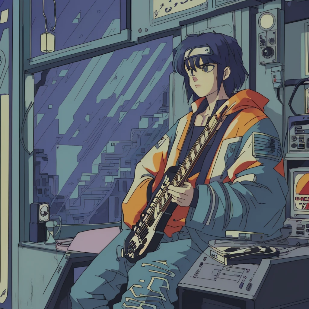 Shot of Naruto sitting near his laptop, font is large (why you), Super detailed, Retro Wave, cyber punk, Sad mood, night light through the window, night vibes, room, 2D, (Long Shot), Wide Shot, (film noise), Old cartoons, (Lots of records:1.3), (masterpiece, Highest quality, Highest quality, Official Art, beautifully、aesthetic: 1.2), (Very detailed, (Fractal Art: 1.4), guitar, (Note: 1.4), ( Lo-fi hip hop), Indoor scenery by the window, Old Anime Texture, alone, speaker, cyber punk, vinyl, night、jazz,speaker,rock、sax,tobacco、Cafe、rain